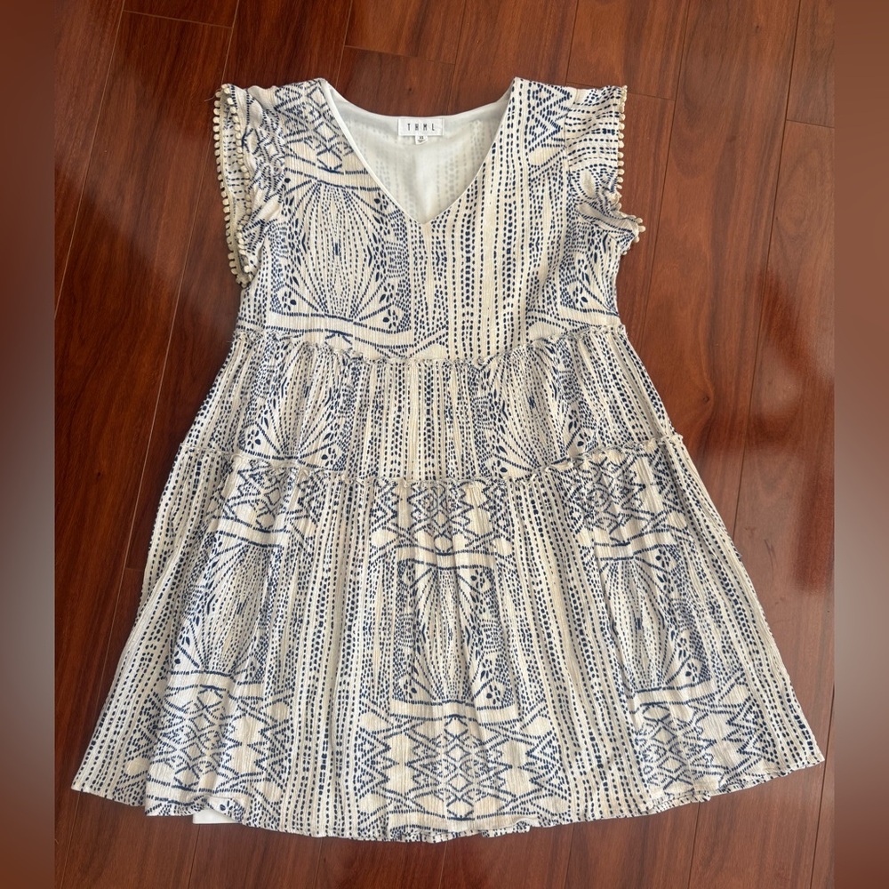THML, Blue and White Polka Dot Mini Dress. Ptp approx 17”